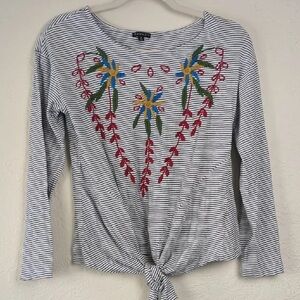 Hannah Striped Long-Sleeve Tie-Front Top with Floral Embroidery - White/Black